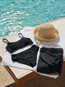 DAZY Tween Girl Solid Color Tank Top + Bikini Bottom + Cover-Up Skirt 3-Piece Swimwear Set Summer - Black - View 1