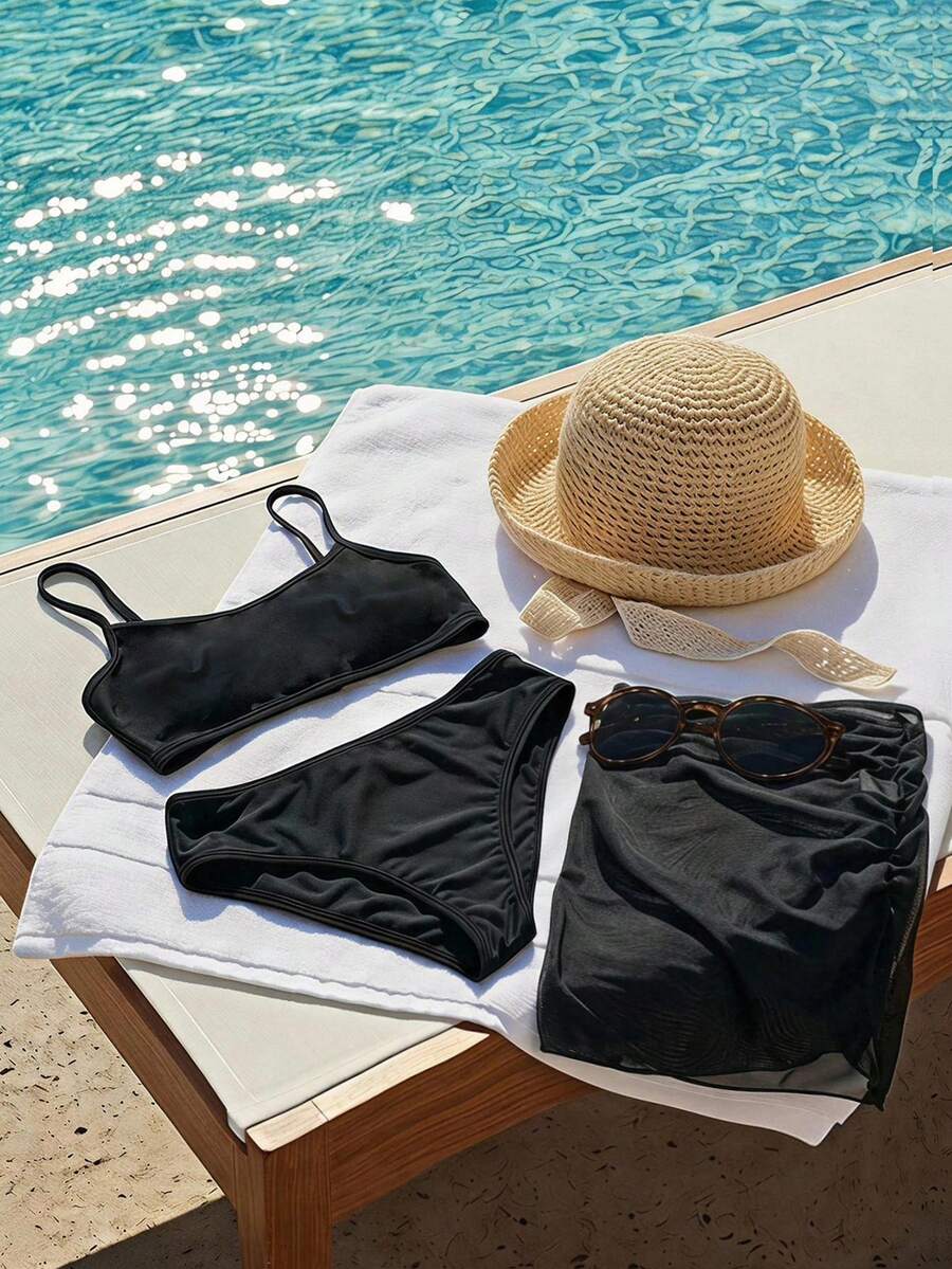 DAZY Tween Girl Solid Color Tank Top + Bikini Bottom + Cover-Up Skirt 3-Piece Swimwear Set Summer - Black - View 1