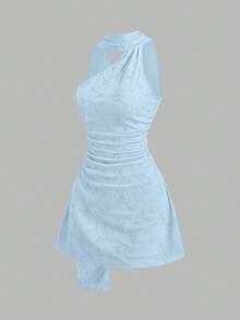 Sweetra Spring/Summer Fashion New Beach Romantic Vacation Pink Textured Minimalist Sexy Scarf Asymmetrical Shoulder Waist-Cinched Slimming A-Line Short Dress For Women Summer Outfit - Blue - View 3