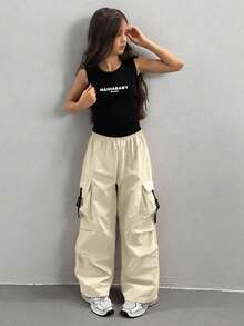 SHEIN 青少年女孩時尚休閒寬鬆工裝褲，適合日常穿著 - 杏色 - 查看 5