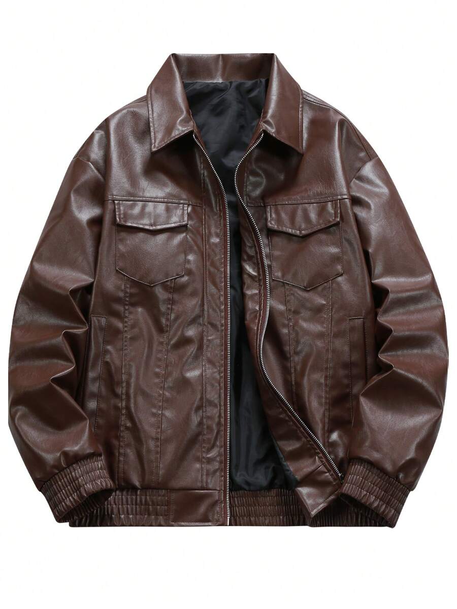 Manfinity Homme Loose Men's Flap Pocket Zipper Front PU Leather Jacket - Coffee Brown - View 1