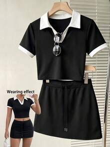 Franclia Women's Summer Casual Colorblock Patchwork Top Skirt Set School Black - Black and White - View 6