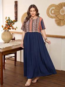 Lacomfia Minimalist Boho Traditional Casual Solid Color Patchwork Print Short Sleeve Loose Regular Fit Plus Size Dress Spring Summer Brunch Birthday Navy Blue - Multicolor - View 3