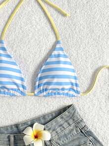 Elavelle Blue White Stripe Halter Bikini Top With Pale Yellow Trim - Multicolor - View 5