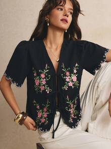 Poéselle Women's Cotton Casual Elegant Floral Embroidered Lace-Up Blouse, Going Out Brunch Vacation Tops, Work, Summer/Autumn Black And Pink - Black - View 7
