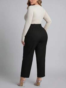 SHEIN PETITE CURVE Plus Size Solid Color Minimalist Pleated Summer Casual Versatile Long Pants - Black - View 4
