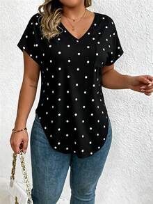 EMERY ROSE V-Neck Black Polka Dot Short-Sleeved Casual T-Shirt - Multicolor - View 1