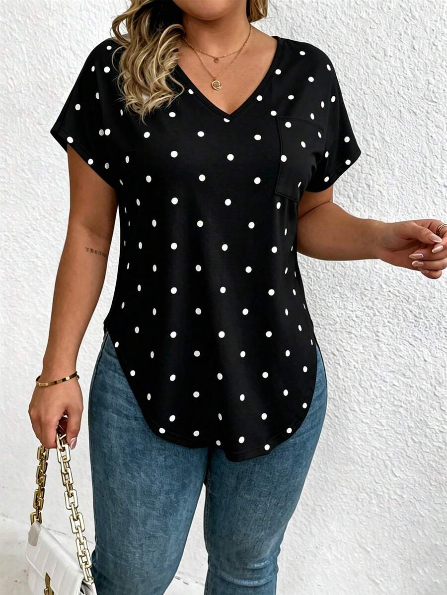 EMERY ROSE V-Neck Black Polka Dot Short-Sleeved Casual T-Shirt - Multicolor - View 1