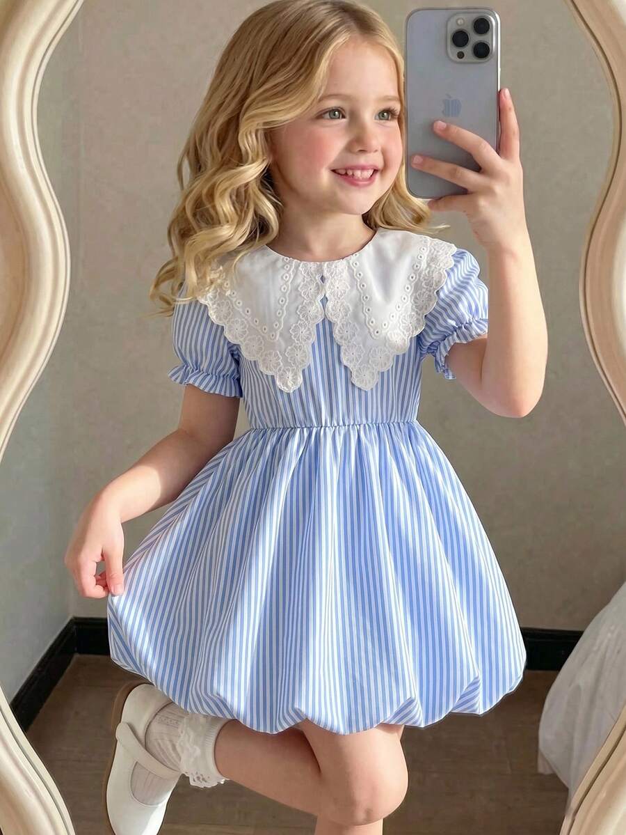 SHEIN 1 pieza Vestido ajustado de verano nuevo casual y lindo para niñas, con rayas tejidas, bordado personalizado, cuello y mangas abullonadas, para uso diario, salidas, reuniones elegantes y fiestas - Celeste - Ver 1