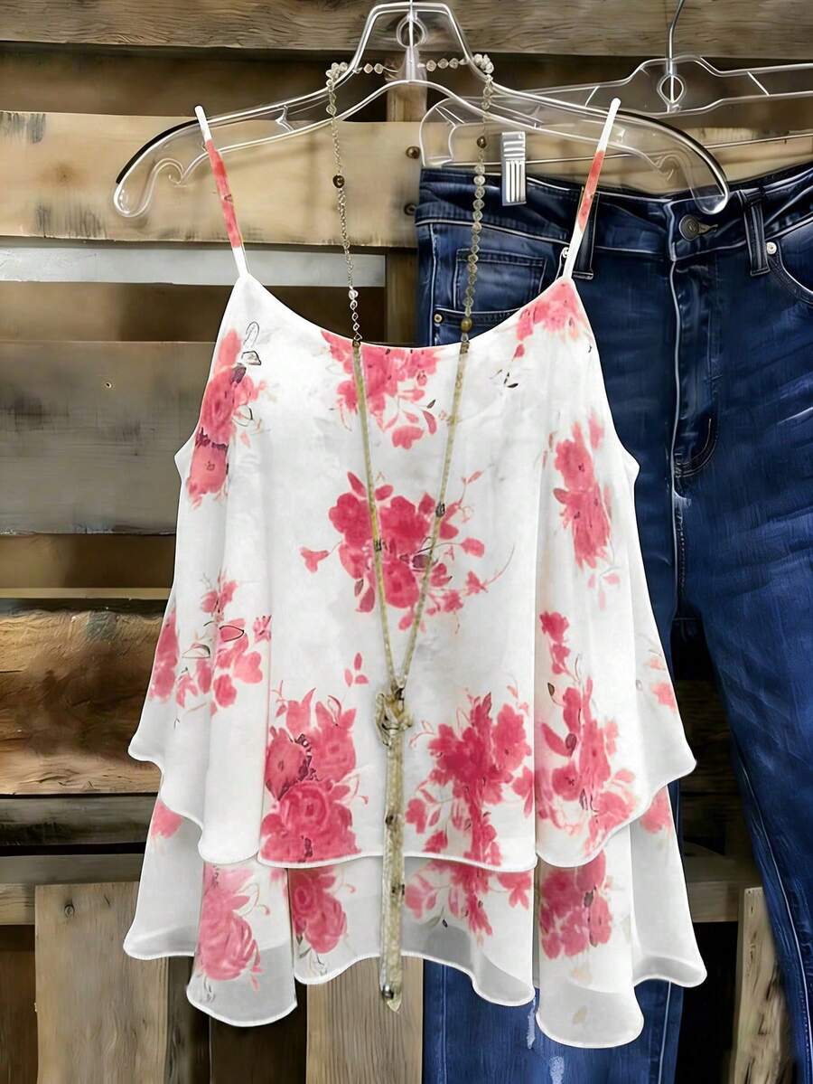 Linhara CURVE Plus Size Woven Printed Summer Women's Beach Cover-Up And Tank Top - Red - View 1