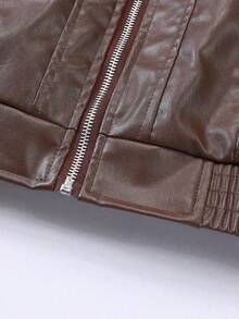 Manfinity Homme Loose Men's Flap Pocket Zipper Front PU Leather Jacket - Coffee Brown - View 6