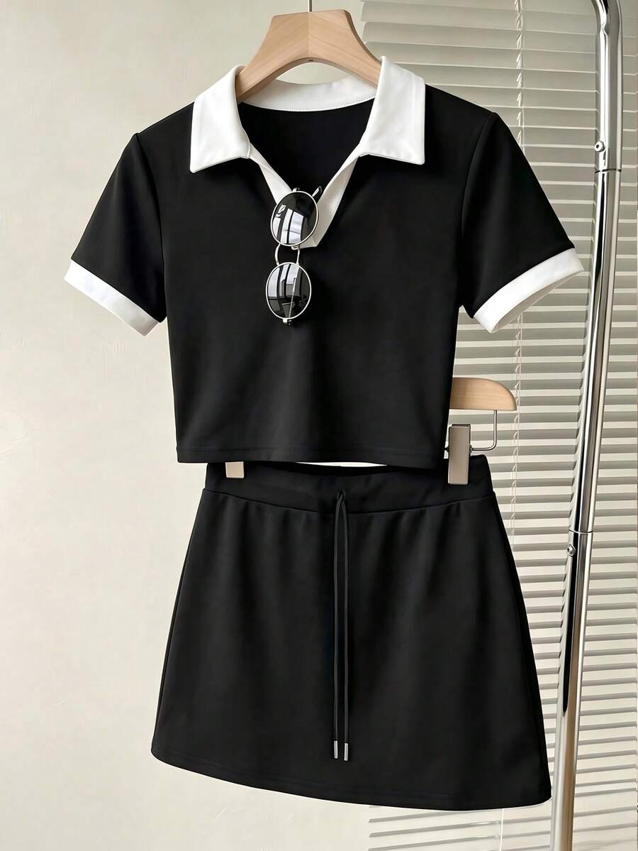 Franclia Women's Summer Casual Colorblock Patchwork Top Skirt Set School Black