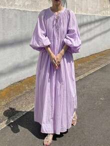 DAZY Loose Long Sleeve Long Solid Color Dress Summer Outfit Women's Nightgown Pajamas - Lilac Purple - View 4