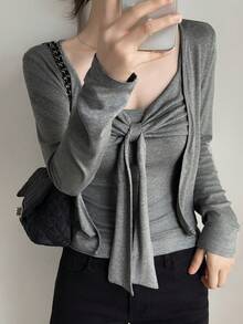 DAZY Women's Solid Color Tie Strap Long Sleeve Top 2pcs Set Lounge Sets For Women - Grey - View 3