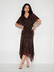 Barévion Dress Cinched A-Line Jacquard Cape V-Neck Handkerchief Hem Elegant Luxury Black Elegant Dresses For Party Formal Official Print Dress Summer - Brown - View 6