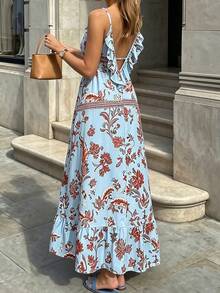 Weeklong Plus Size Women's Spring/Summer Ruffle Backless Print A-Line Casual Vacation Dress - Multicolor - View 4