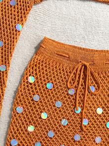 Soleia 女款素色亮片長袖鉤編罩衫上衣與裙組套裝 - 橘色 - 查看 7