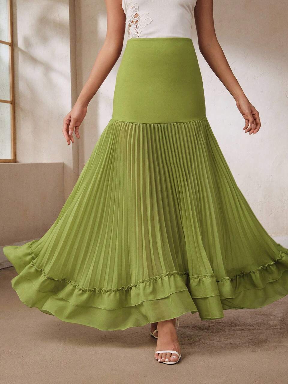 Elegant Fashion Mid-Waist Knitted Bodycon Skirt With Pleated Shiny Hem And Ruffle Fishtail Hem Women's Skirt