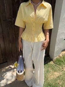 SHEIN EZwear Kemeja Lengan Pendek Kancing Depan Tenun Warna Kuning untuk Wanita, Atasan Musim Panas - Kuning - View 7