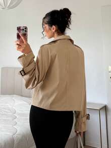 SHEIN EZwear 卡其色女款梭織雙排扣風衣 - 卡其色 - 查看 5