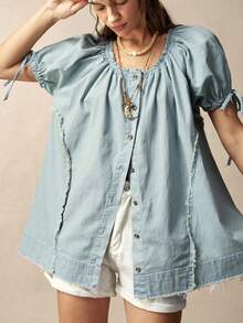 Bohemela Casual Solid Color Woven Loose Fit Women's Shirt Vacation Light Blue Summer - Blue - View 6