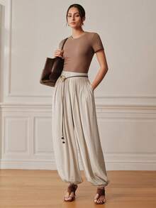 Anewsta Essential Anewsta Spring/Summer New Textured Waist Pleated Lantern Pants, Draped Cuffed Wide Leg Casual Slimming Versatile Loose Fit - Apricot - View 7