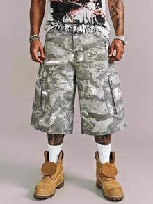 CRAVYNX Vintage Streetwear Fashion Versatile Heavy-Duty Rivet Multi-Pocket Design Loose Straight Leg Casual Denim Shorts For Summer Day Time Grey Camo - Army Green - View 4