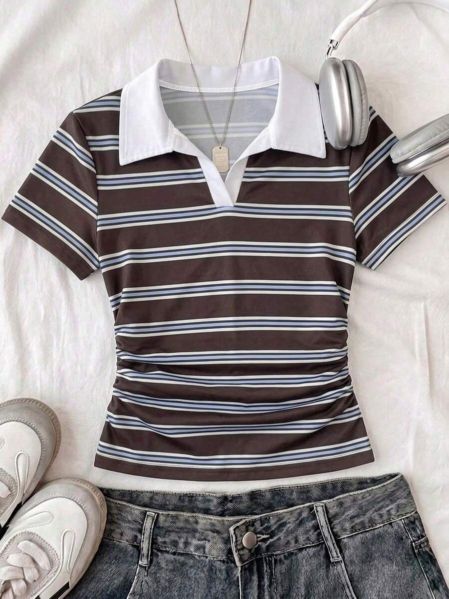 Attitoon Casual Minimalist Style College Striped Allover Print White Contrast Polo Collar Woven T-Shirt For Women, Versatile For Spring & Summer,Summer Top - Multicolor - View 1