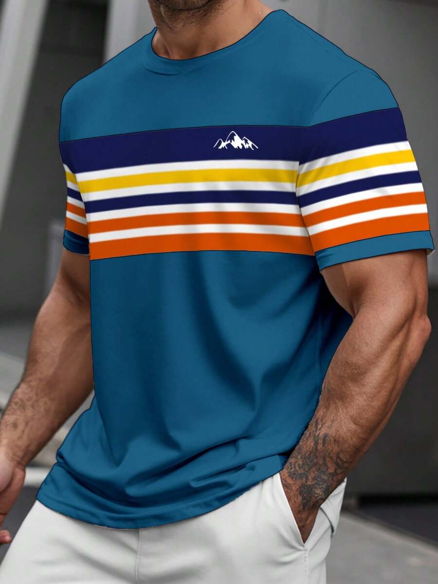 Manfinity Homme Men's Plus Size Crew Neck Short Sleeve T-Shirt, Colorful Striped Print Men's Crew Neck Short Sleeve T-Shirt - Multicolor - View 1