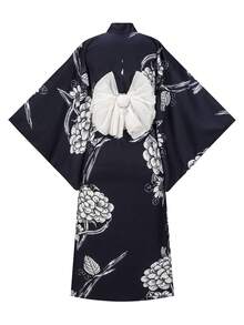 Irokai 日式傳統夏季女款兩件式浴衣和服，花卉印花，海軍藍，度假文化風（不含腰帶） - 藏蓝色 - 查看 2
