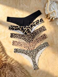 Bare Chapter 6 piezas de tanga de mujer de tiro bajo, cómodo y de moda, en unicolor y estampado de leopardo - Multicolor - Ver 2