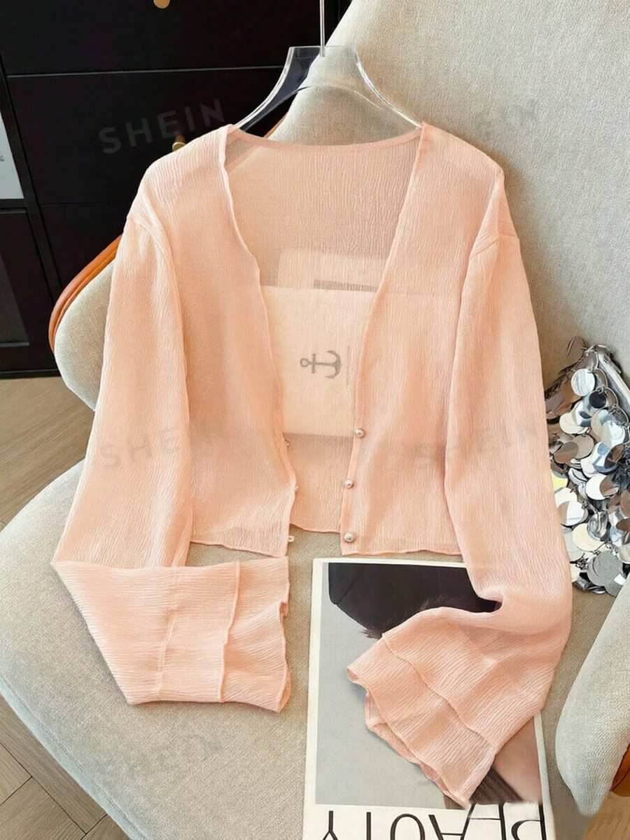 K-Vae Women's Soft Textured Sun Protection Cardigan, Summer Thin Slightly Sheer Pearl Button Short Outerwear Shawl - Pink - View 1
