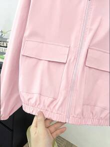 SHEIN 青少年女孩編織純色貼袋短版寬鬆休閒街頭風連帽外套，適合秋季與夏季 - 粉色 - 查看 9