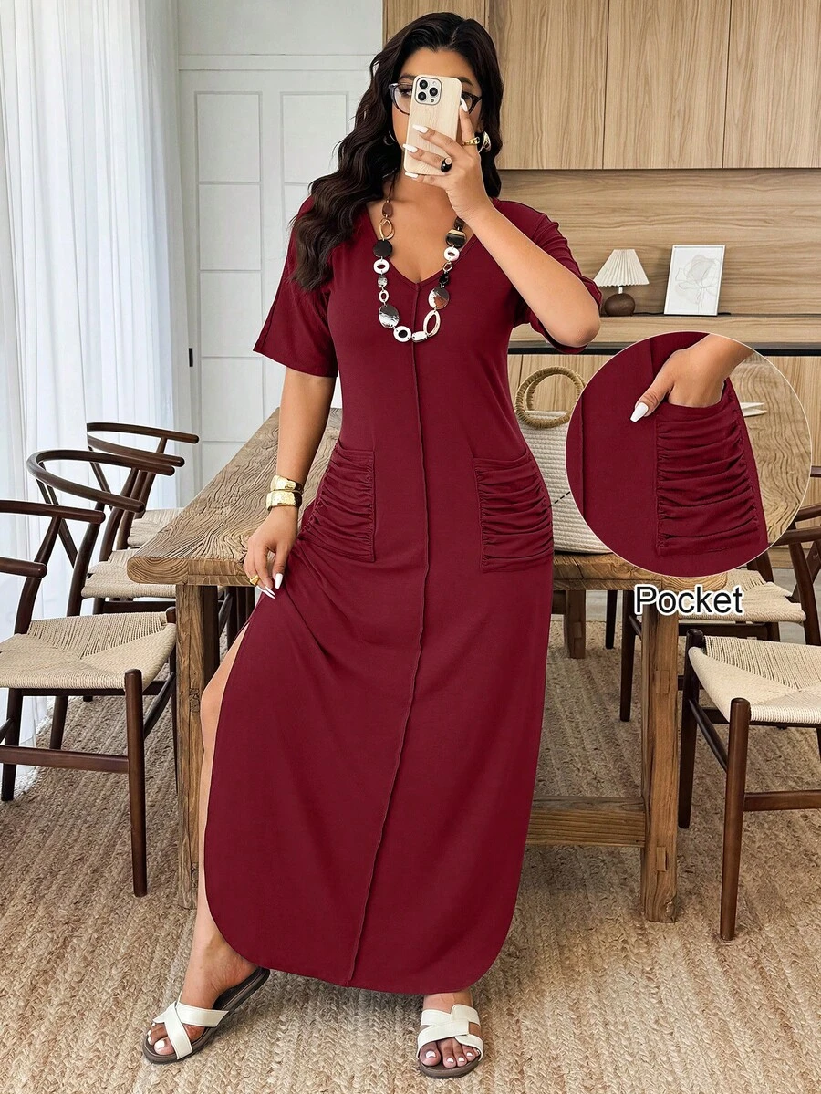 Weeklong Plus Size Women V-Neck Striped Dual Pocket Ruched Slit Hem Casual Knit Dress, Spring/Summer - Burgundy - View 1