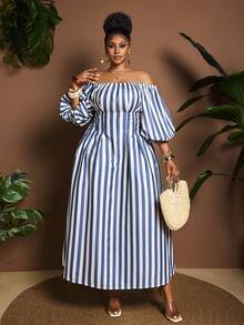 Maweii Robe élégante grande taille à épaules dénudées, blocs de couleurs rayé, manches lanternes et taille cintrée - Multicolore - Voir 6