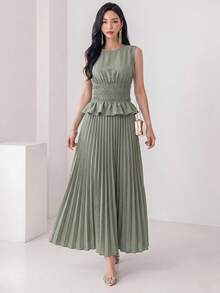 Heiryn Women's Solid Color Pleated Ruffle Hem Shirt And Skirt Elegant Frenchy French Two Pieces Set Vacation Sage Green Summer Daytime Drinks Holiday Party - Army Green - View 1