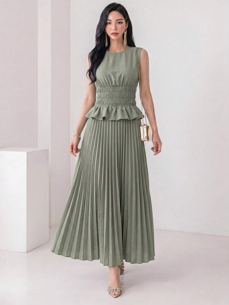 Heiryn Women's Solid Color Pleated Ruffle Hem Shirt And Skirt Elegant Frenchy French Two Pieces Set Vacation Sage Green Summer Daytime Drinks Holiday Party - Army Green - View 1