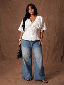 Rustia Plus Size V-Neck Ruffle Sleeve Short Sleeve Ruched Jacquard Cinched Waist A-Line Semi-Sheer Celestial Brunch Formal Blouse All White Summer - White - View 6