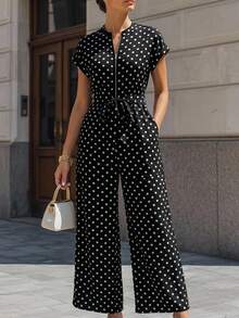 Chikora Plus Size Polka Dot Short Sleeve Jumpsuit, Elegant Women's Jumpsuit, Women's Commuter Outfit, Women's Office Jumpsuit, Women's Office Attire - Black and White - View 3