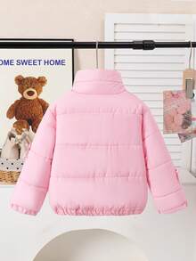 Young Girls Winter Sweet Style Beige Stand Collar Corduroy Padded Coat With Contrast Lining And Button Closure, Thickened Padded Coat - Baby Pink - View 5