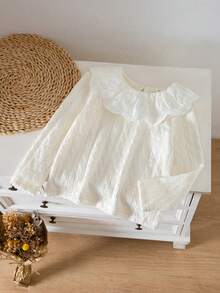女童 T-shirt 春/秋季甜美風長袖上衣，麻花編織紋理大荷葉邊彼得潘領襯衫，百搭溫柔風格，適合日常/校園/派對穿著 - 米色 - 查看 3