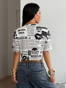 Coolane Newspaper Print Mesh Short Sleeve Top - Black and White - View 6