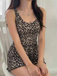 DAZY 2pcs Leopard Print Fitted Tank Top & Loose Short Pajama Pants Summer Sleepwear Set For Women - Brown - View 7