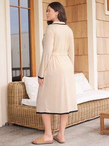Doze Lane Minimalist Elegant Colorblock Patchwork Comfortable Lazy Women's Casual Plus Size Robe Night Wedding Night Wedding Guest Guest Beige Autumn - Khaki - View 3