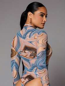Silquee Marble Print Mock Neck High Cut Bodysuit - Multicolor - View 2