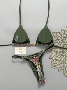 Swim Mod 女款 26SS 春夏新款鉤編布料 V 領露背三角比基尼套裝，2 件式海灘度假泳衣 - 綠色 - 查看 2