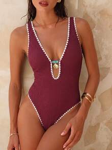 Bonvoyette Swim Swim Lushoire 橙色纹理连体泳衣，饰有贝壳图案和撞色滚边，适合夏季海滩穿着 - 酒紅色 - 查看 4