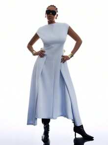 LYSMO Vestido minimalista de talla grande con cuello, sin mangas, unicolor, con pliegues y bajo asimétrico - Azul - Ver 3