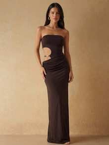SHEIN BAE 棕色系純色鏤空串珠裝飾女款洋裝，適合海灘、夜晚外出、夜店、度假、休閒、性感熱帶度假風夏季穿搭 - 咖啡棕 - 查看 3