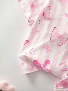 Summer Young Girl Knit Fabric Collared Button-Front Short Sleeve Long Pants Pink Butterfly Striped Fresh Pattern Digital Print Hot-Selling Two Pieces Pajama Set Loungewear - Pink - View 3